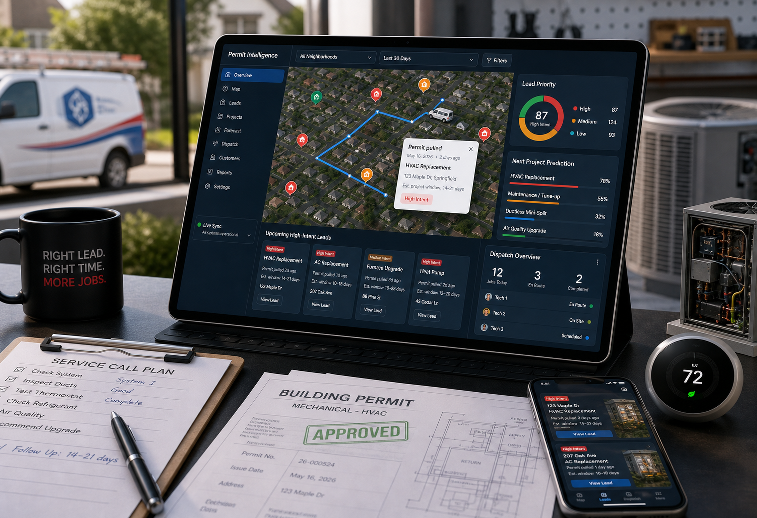 HVAC predictive intelligence proof showing owner contact data, permit records, opportunity timing, territory targeting, and performance analytics.